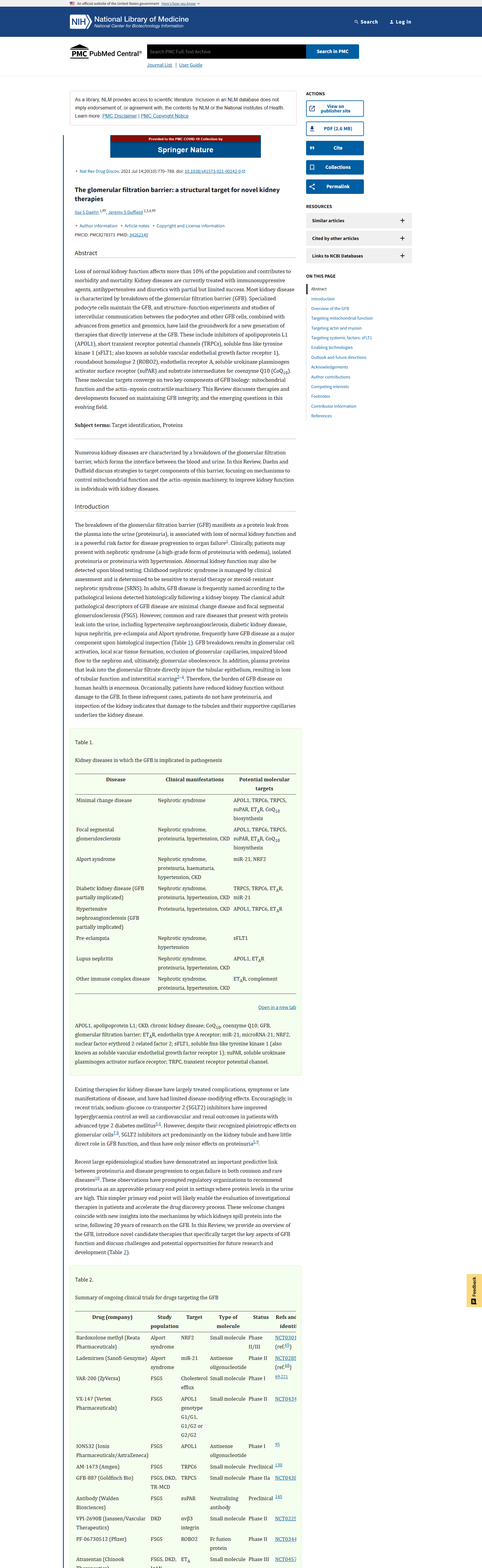 Tangkapan halaman PMC artikel The glomerular filtration barrier: a structural target for novel kidney therapies
